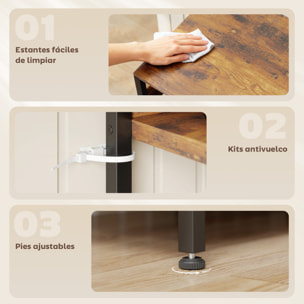 Estantería de Cocina con Tres Enchufes y Luces LED, Estantería de Panadería Industrial con Estantes para Microondas, Cesta de Malla Metálica, Ganchos, Barra 80x42x162 cm, Marrón Rústico y Negro