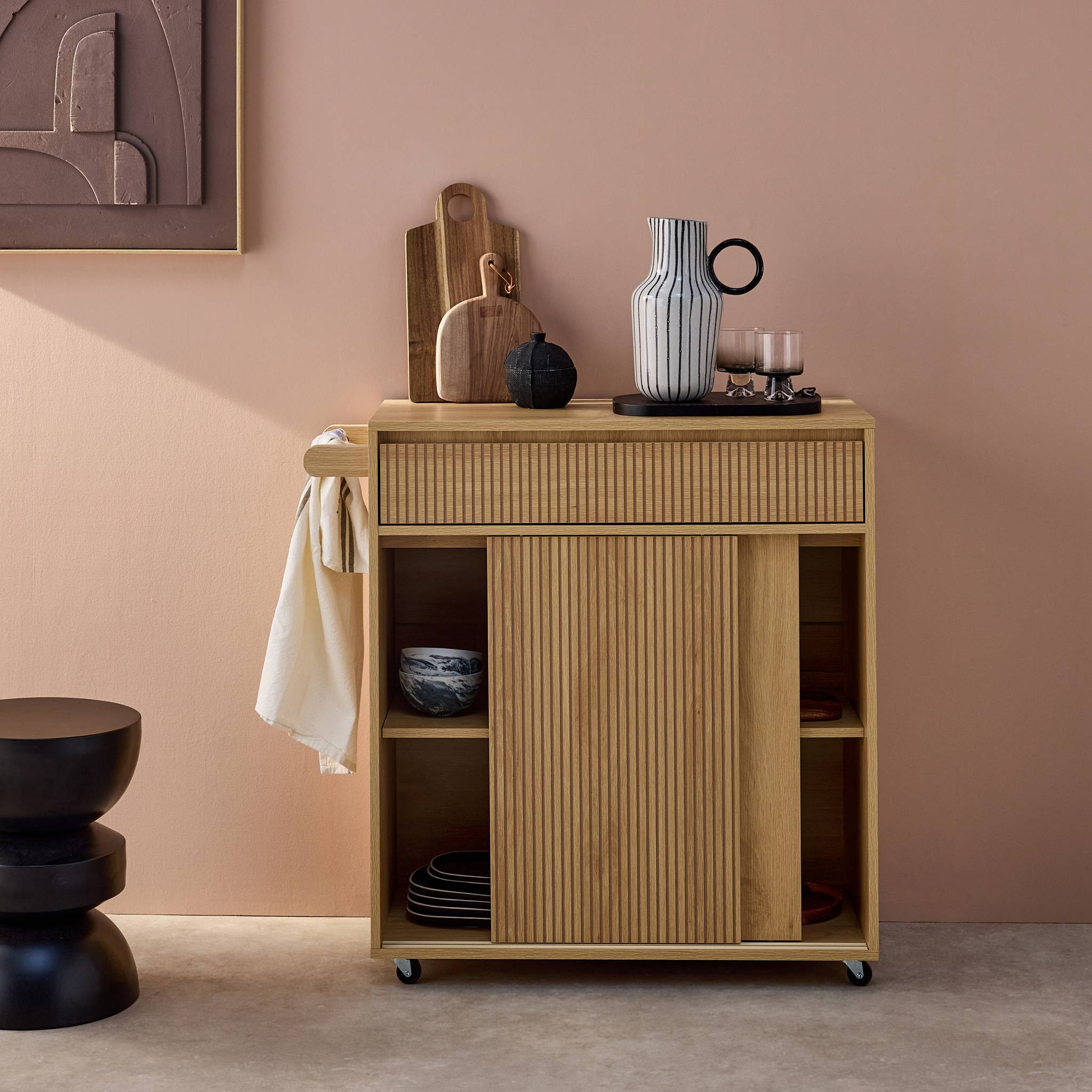 Desserte de cuisine décor bois 1 poignée 1 tiroir 2 portes LINEAR