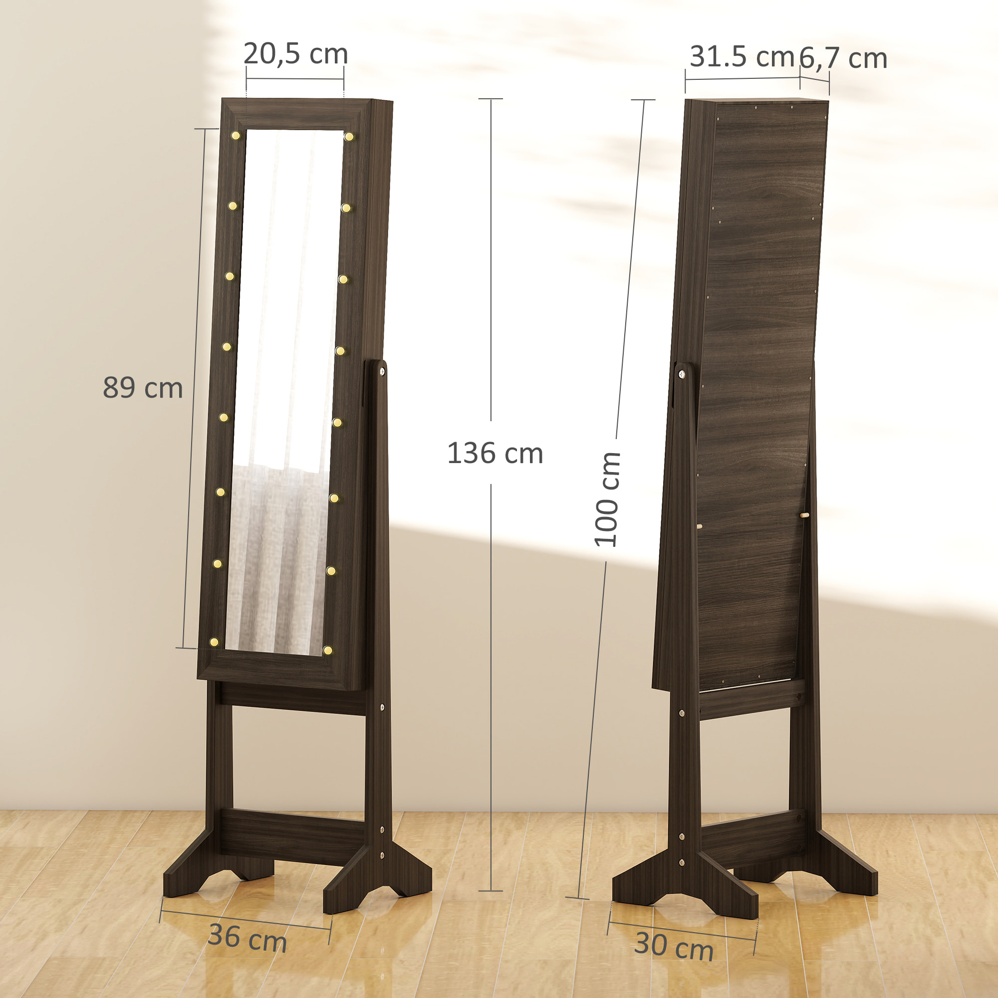 Armoire à bijoux sur pieds avec miroir multi-rangement éclairage LED effet bois wengé