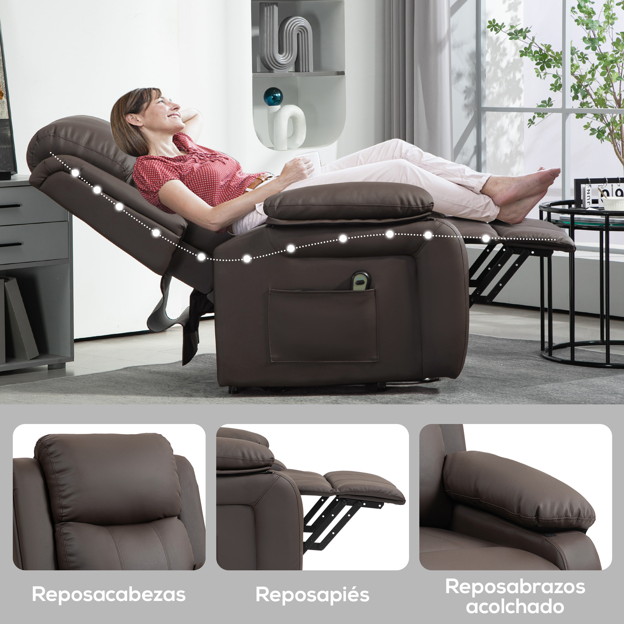 Sillón Relax Reclinable Eléctrico Levanta Personas, Sillón Elevador, con Respaldo Alto, Control Remoto, Reposapiés, Acolchado Grueso, Tapizado en PU, Bolsillos Laterales, Marrón Oscuro