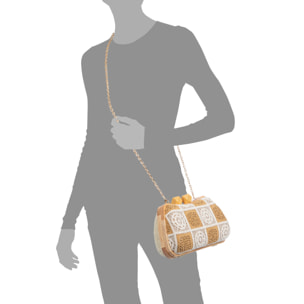 Bonamico Bolso bandolera Mujer. Fabricado en madera natural, algodón y paja trenzada.