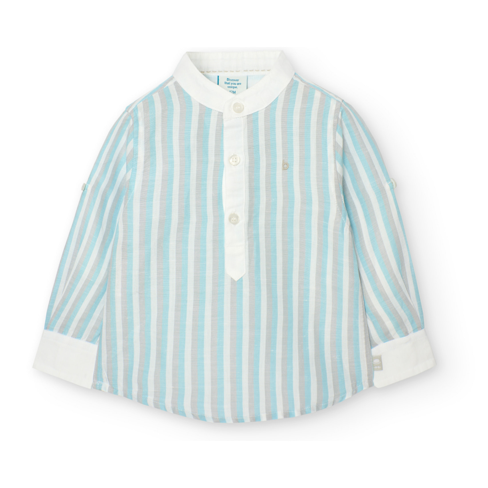 Camisa listada niño, lino, estampado rayas, piedra, cuello