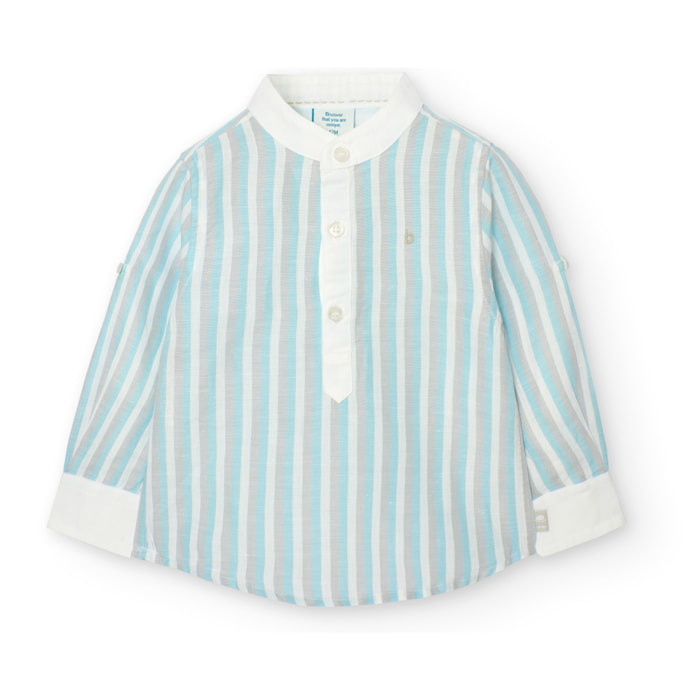 Camisa listada niño, lino, estampado rayas, piedra, cuello