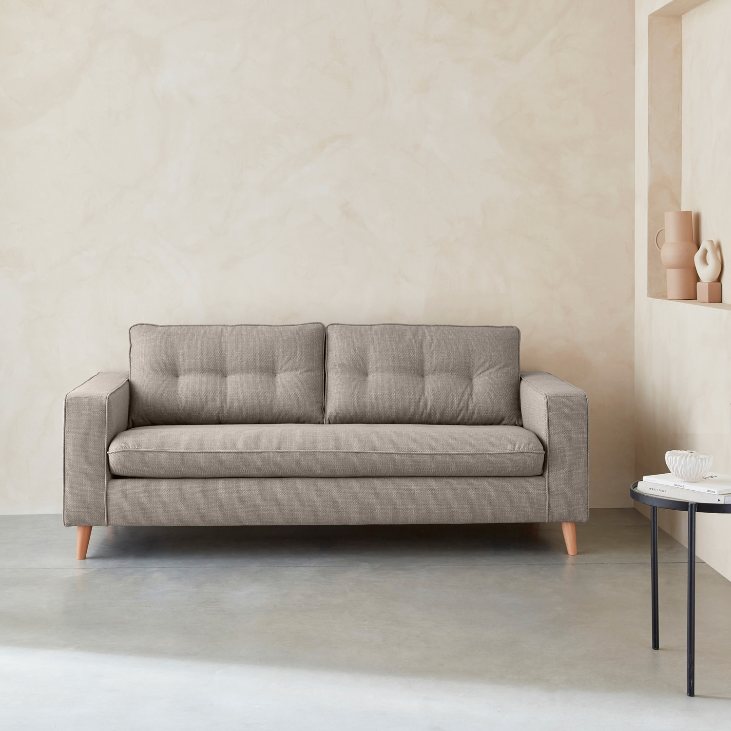 Canapé lit 3 places beige / lin avec matelas 12cm d'épaisseur. fabriqué en France