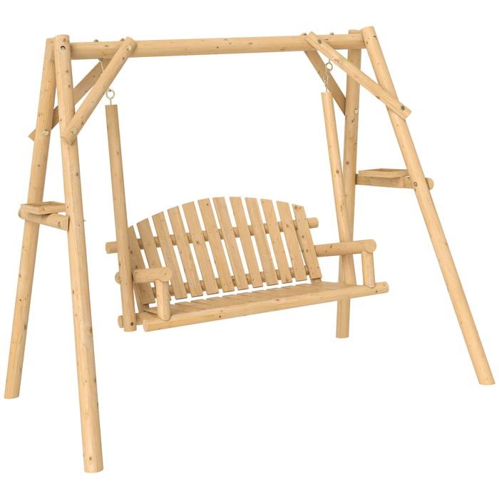 Banco Columpio de Jardín de Madera de 2 Plazas Balancín de Jardín Exterior con Bandejas Laterales Reposabrazos y Estructura en A para Patio Porche Carga 240 kg 200x135x175 cm Natural