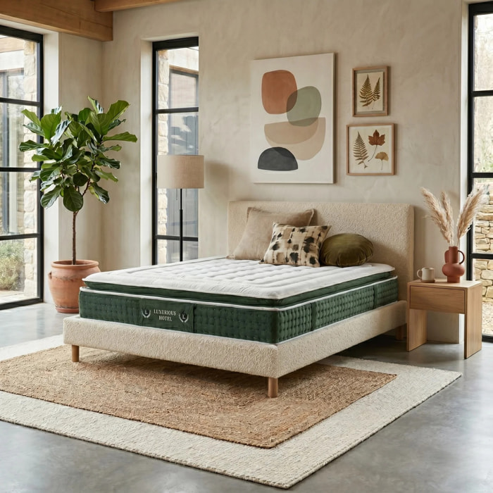 Ensemble matelas Jade & lit fixe Colisée | Mémoire de forme et ressorts ensachés | cadre à lattes | Velours côtelé | Beige