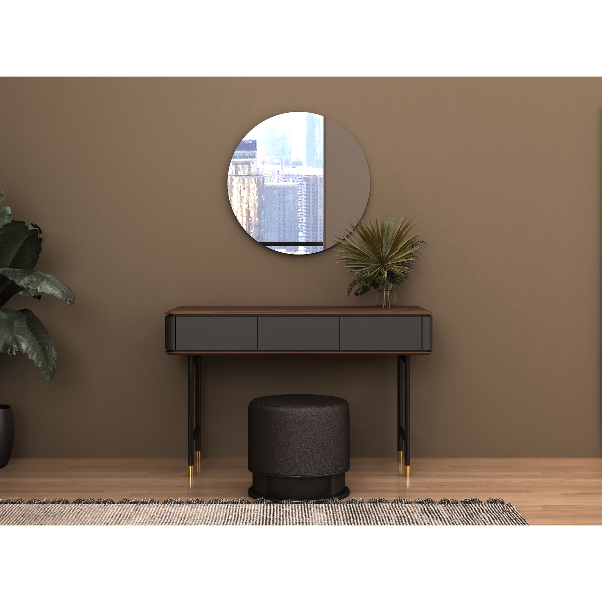 Puff con asiento tapizado en polipiel en gris oscuro sus patas de madera de mdf en negro 43x43x42cm