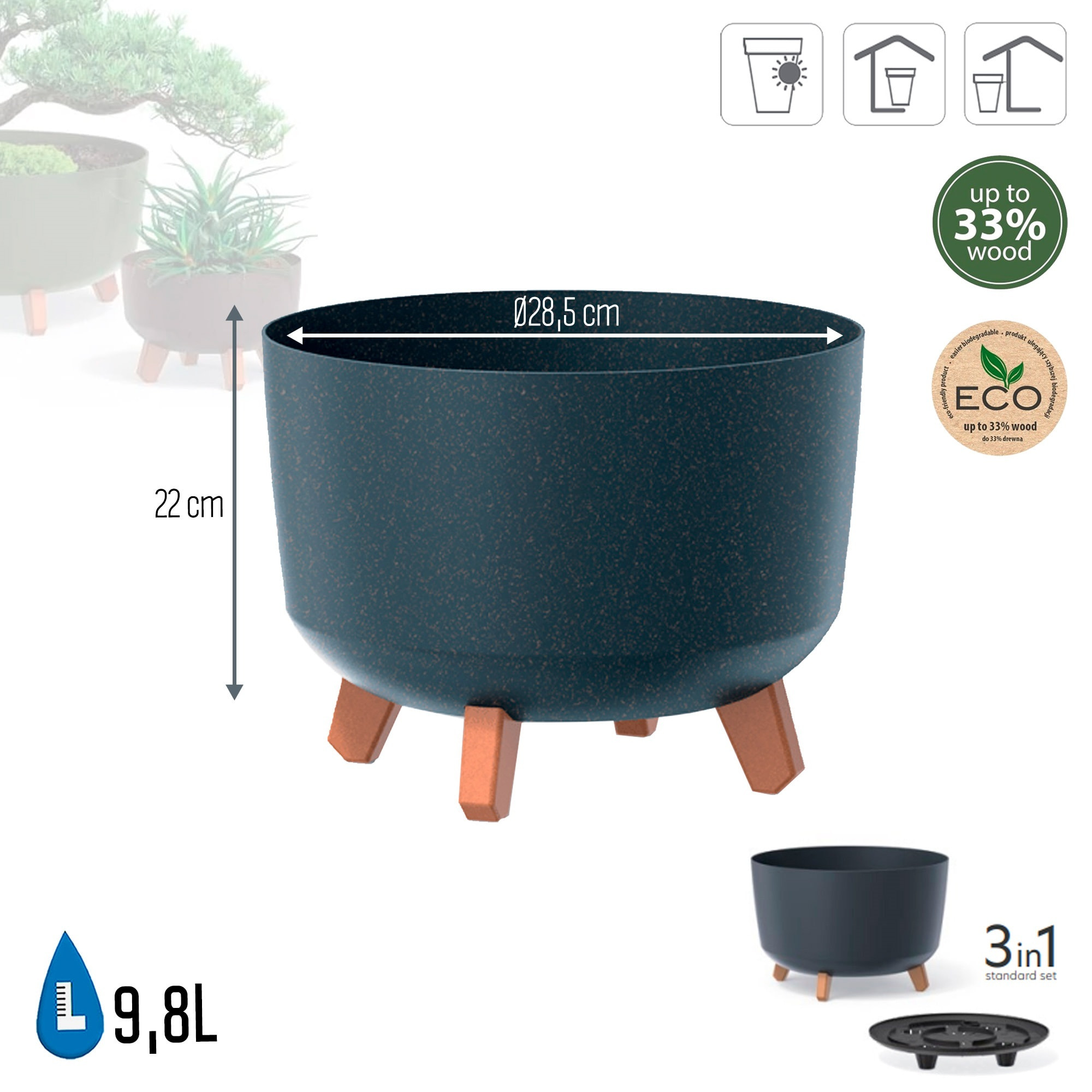 Macetero color antracita eco,sin depósito , colección gracia de 39 x 39 x 25,7 cm, capacidad de 21,5 l.