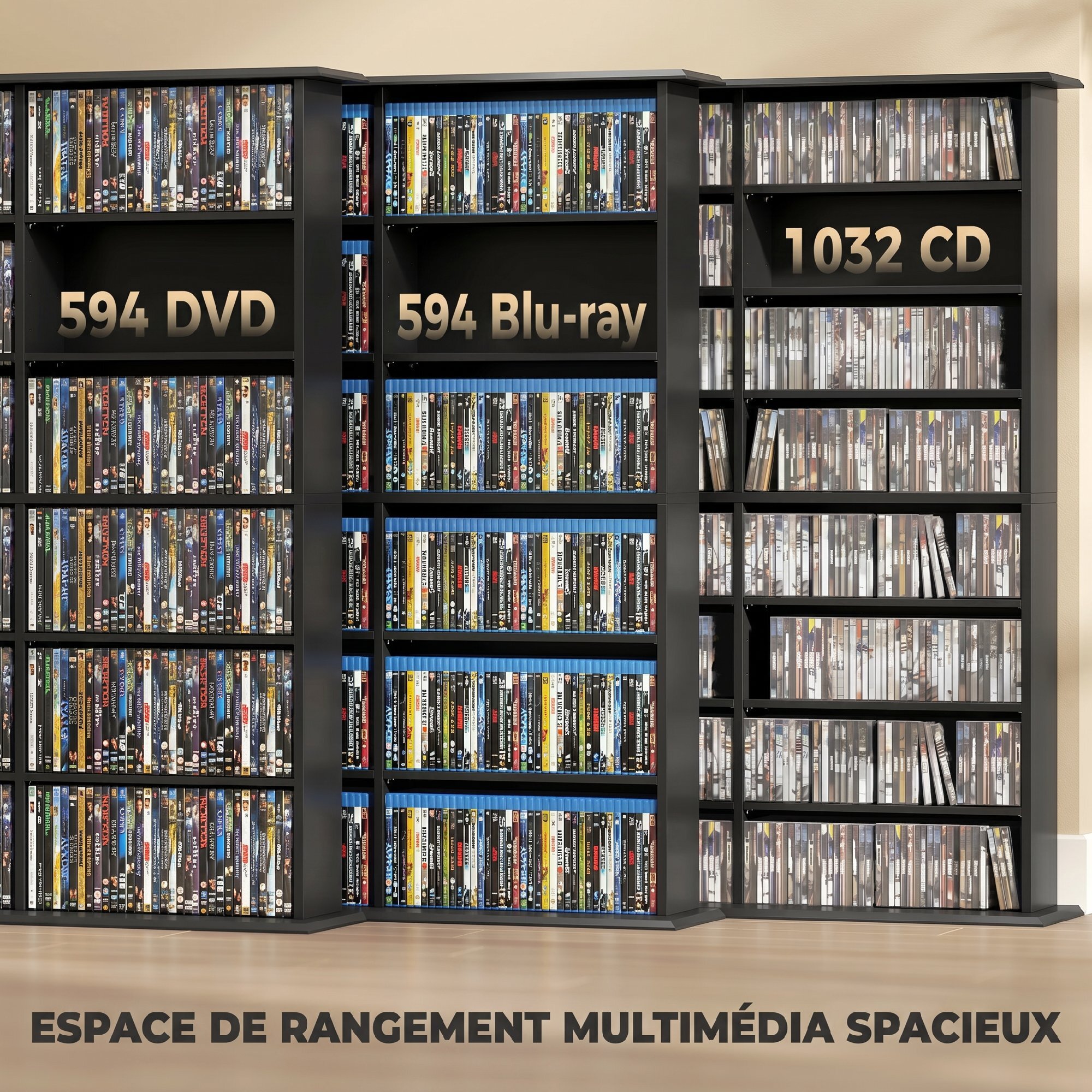 Rangement CD et DVD 24 compartiments 18 étagères réglables noir