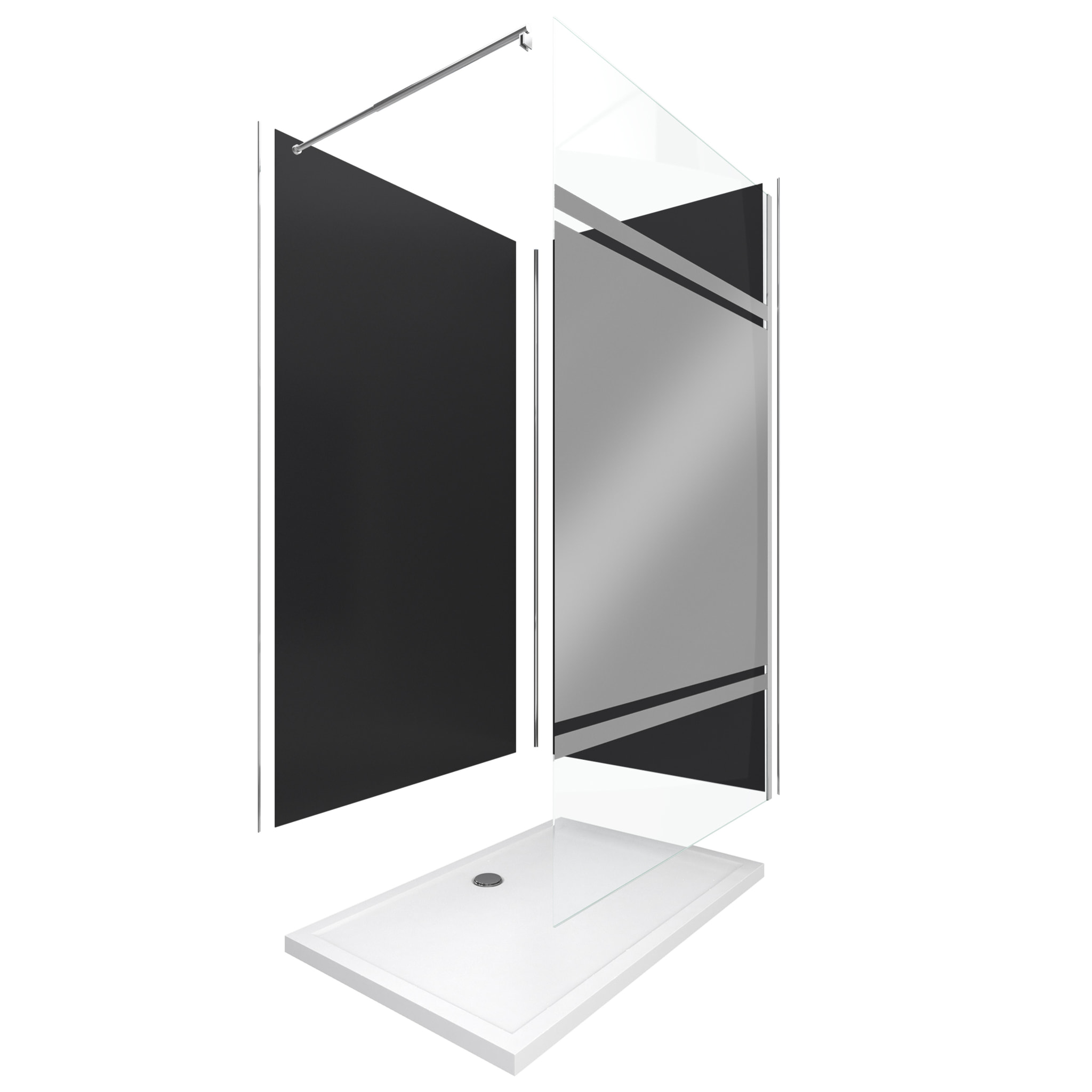 Pack Douche a l'Italienne 90x120 - Kit Panneaux Muraux Noir/Chrome + Receveur + Paroi Miroir 8 mm
