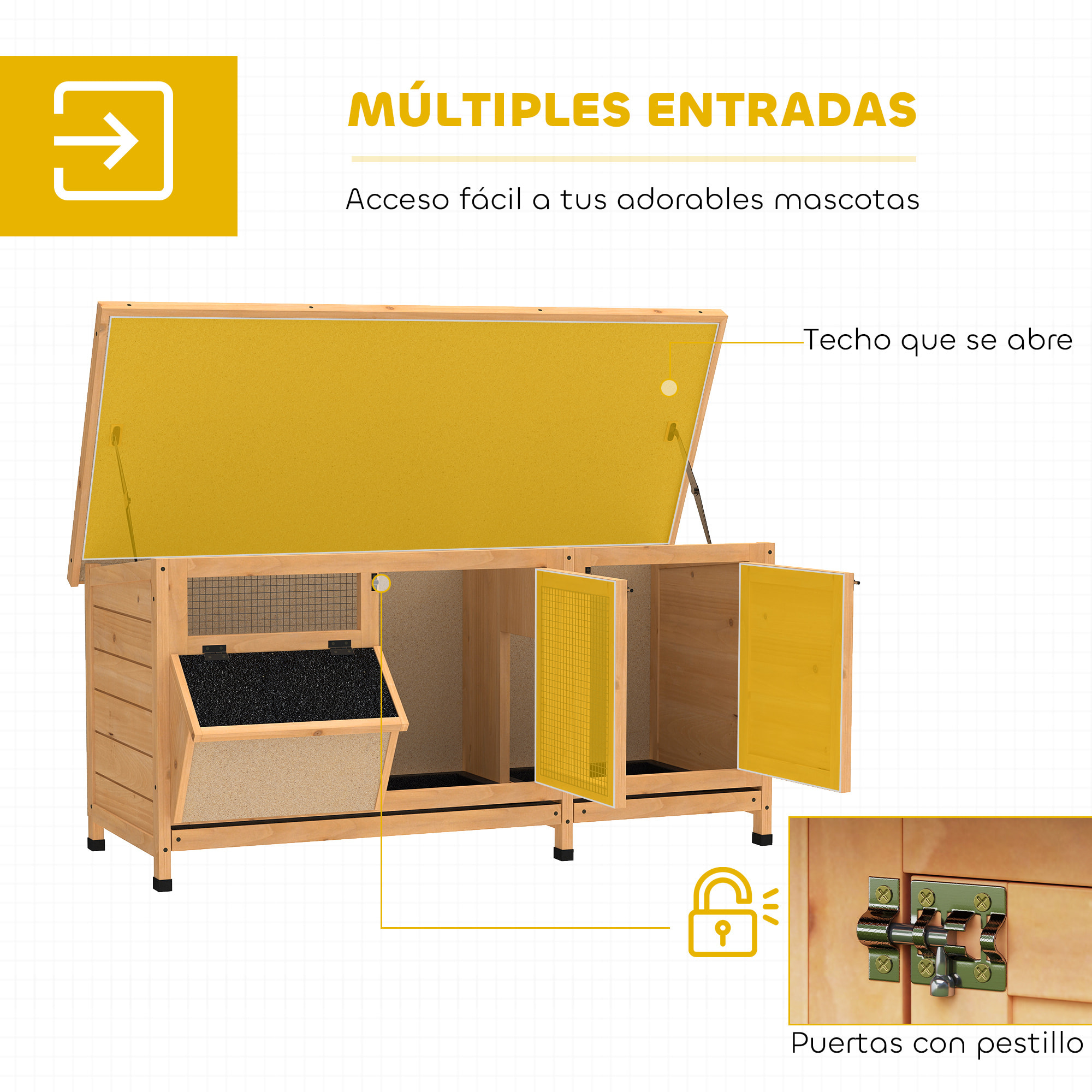Conejera de Madera, Jaula para Conejos con Techo Asfáltico Abatible, Puertas con Pestillo, Bandejas Extraíbles y Comedero, Conejera para Exterior, 112x50x54 cm, Amarillo