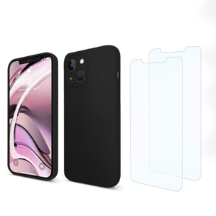 Coque iPhone 13 Silicone liquide Noire + 2 Vitres en Verre trempé Protection écran Antichocs