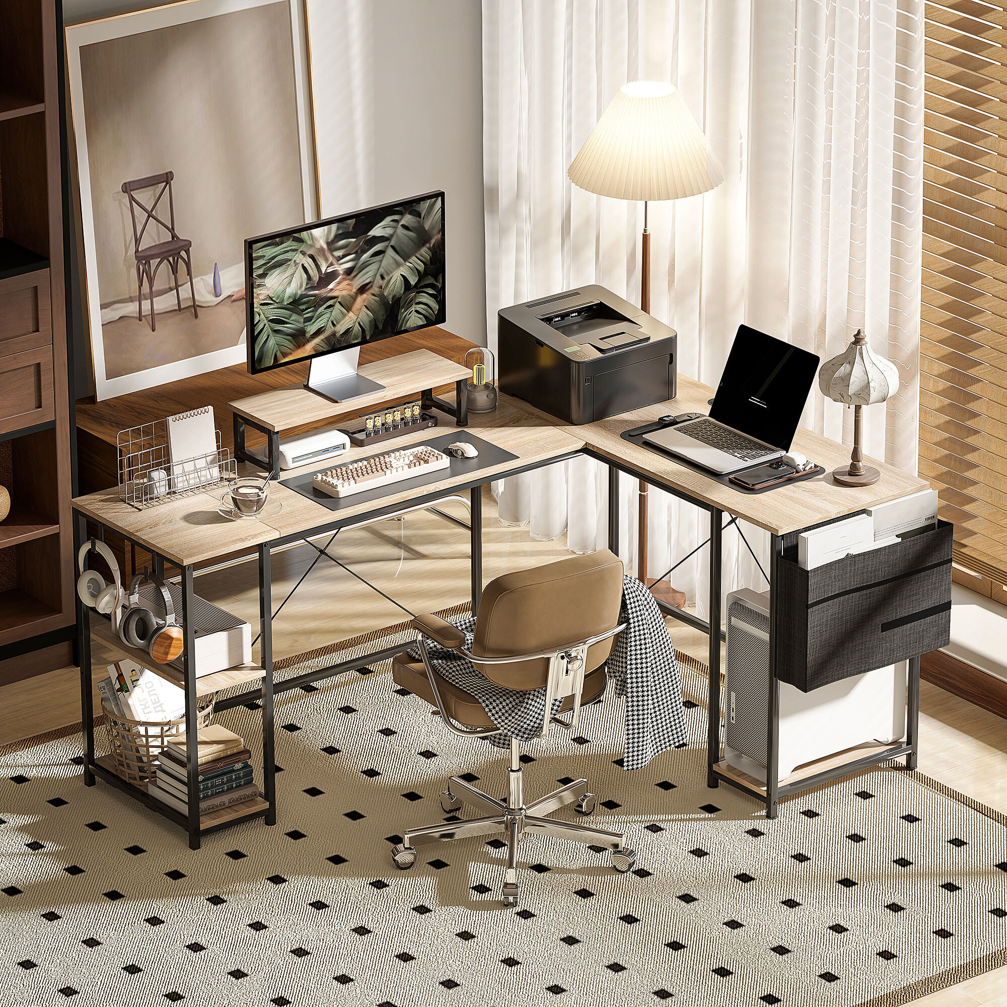 Escritorio Esquinero Reversible en L, Largo 168-240 cm, Mesa Escritorio de Ordenador Industrial con Soporte Monitor y CPU, Estantería, Bolsillo Lateral, Ganchos, Estante Ajustable, Natural