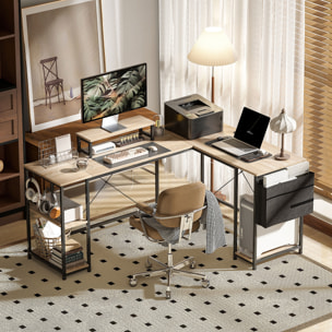 Escritorio Esquinero Reversible en L, Largo 168-240 cm, Mesa Escritorio de Ordenador Industrial con Soporte Monitor y CPU, Estantería, Bolsillo Lateral, Ganchos, Estante Ajustable, Natural