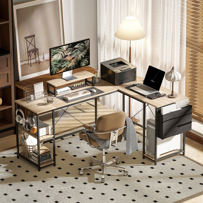 Escritorio Esquinero Reversible en L, Largo 168-240 cm, Mesa Escritorio de Ordenador Industrial con Soporte Monitor y CPU, Estantería, Bolsillo Lateral, Ganchos, Estante Ajustable, Natural