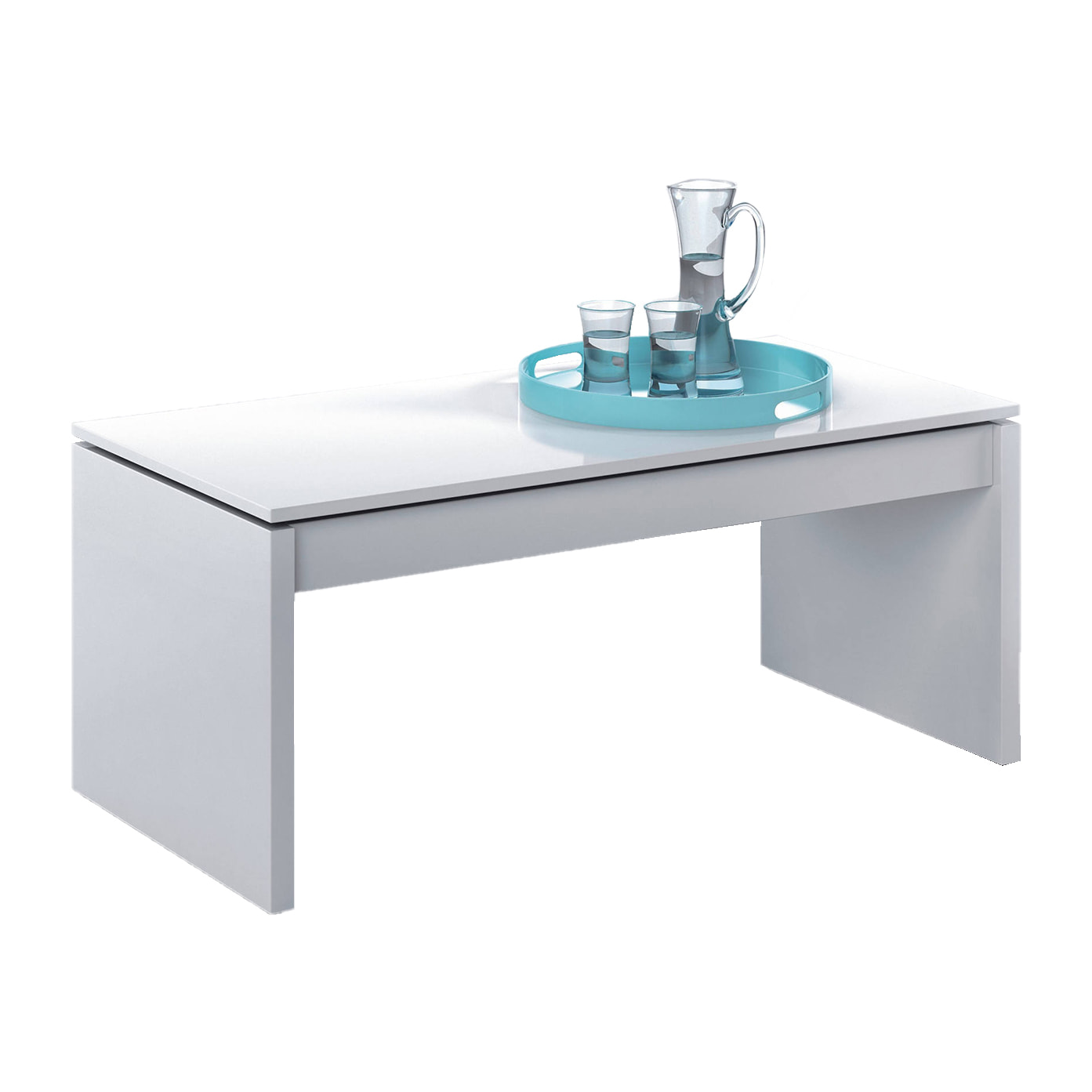 Tavolino da salotto Ontario, Tavolino da caffè con piano elevabile, Tavolo basso da soggiorno, cm 102x50h43/54, Bianco lucido