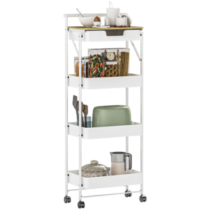 Carrito Auxiliar con Ruedas de 4 Niveles Carro de Cocina con 1 Cajón y 3 Cestas Carrito Organizador para Dormitorio Salón Oficina Blanco