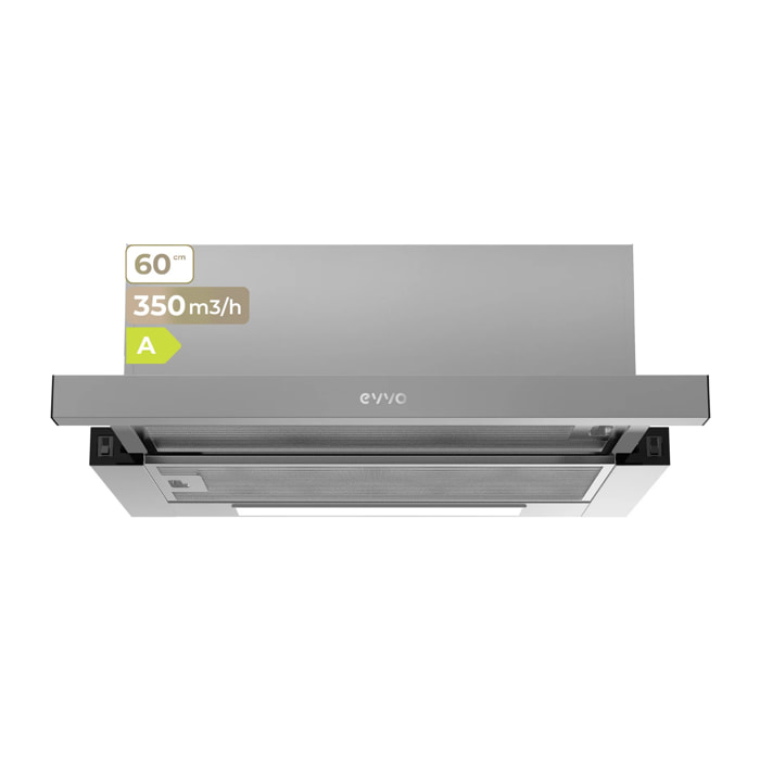 EVVO Campana telescópica CE10 60 cm, 350 m³/h, 2 velocidades, LED, filtro aluminio 3 capas y carbón activo, eficiencia A, inox