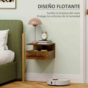 Juego de 2 Mesitas de Noche Flotantes, Mesillas de Noche Dormitorio con Cajón, Estante Abierto, Ahorra Espacio, Diseño Moderno, para Sala de Estar, 35x32x22,5 cm, Marrón Rústico
