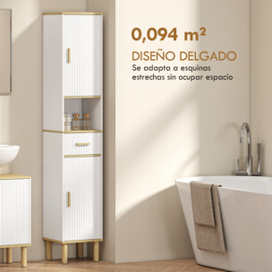 Armario de Baño Alto, Mueble Auxiliar de Baño Estrecho con Estantes Ajustables, Puertas Acanaladas, Cajón, Estante Abierto, Patas de Madera, para Espacios Pequeños, 31,5x29,7x171,5 cm, Blanco