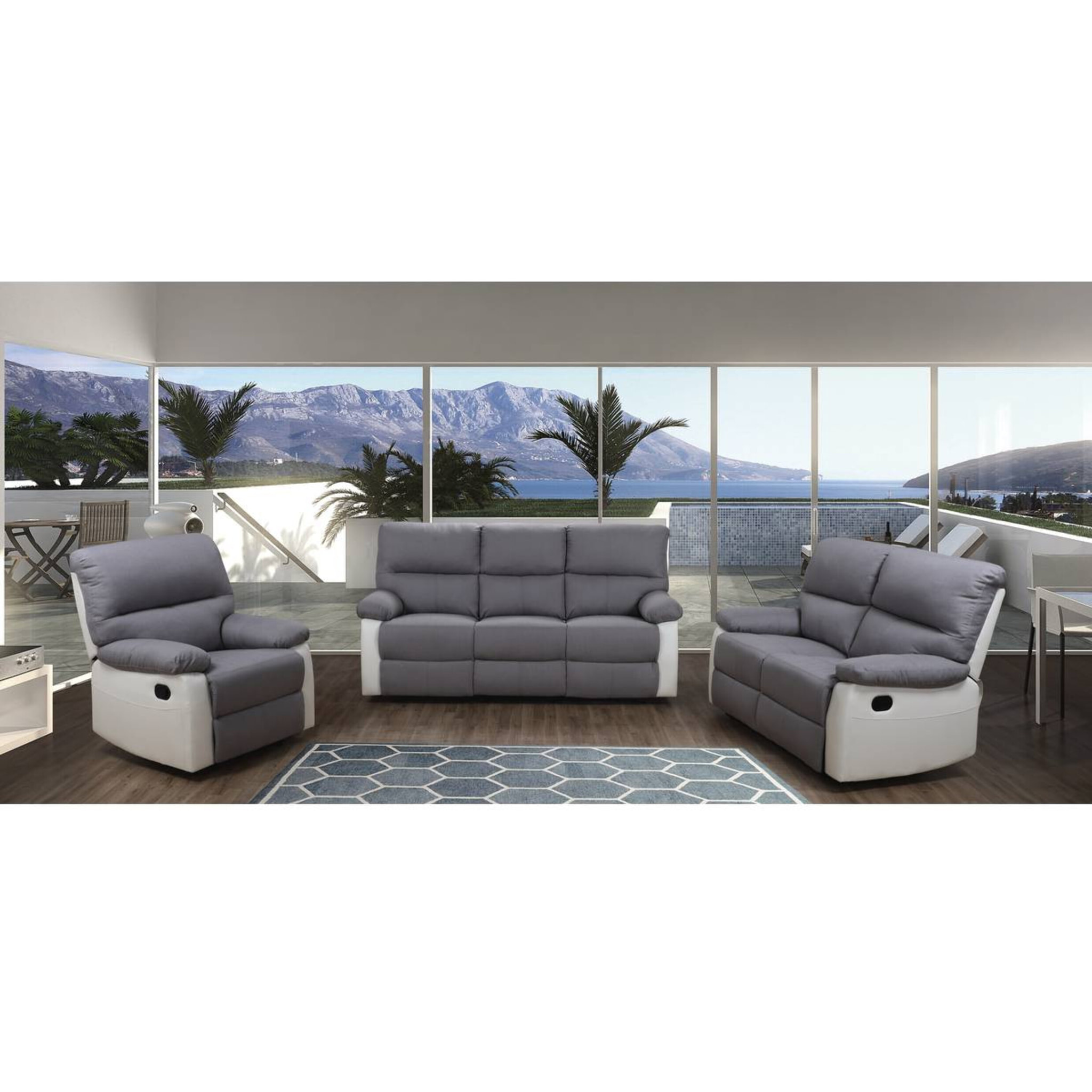 Canapé relax "Lincoln" - 197 x 89 x 103 cm - 3 places - Blanc / Gris clair