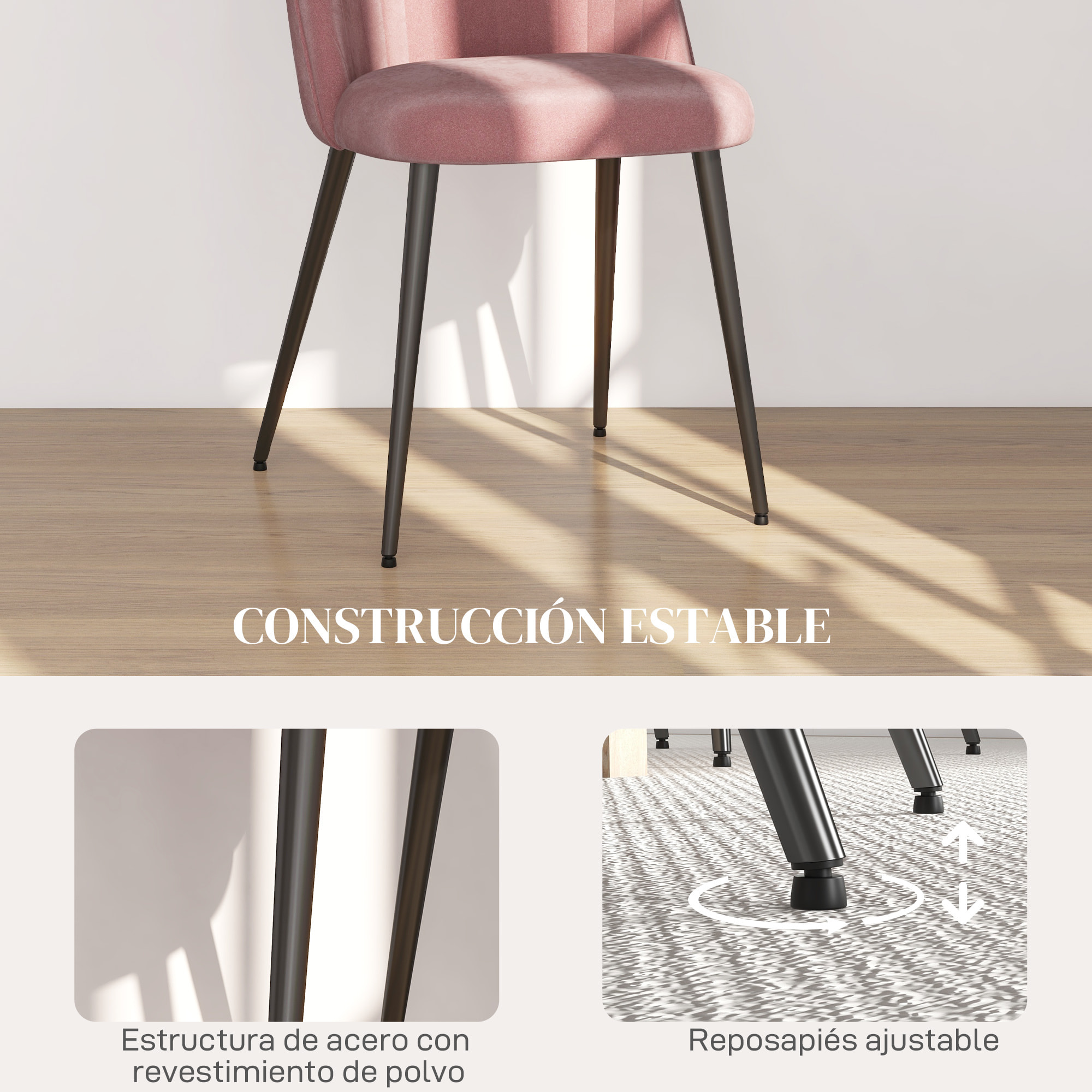 Pack de 4 Sillas de Comedor Modernas, Sillas de Cocina Tapizada en Terciopelo con Respaldo Curvo y Patas de Acero, para Salón, Rosa Palo