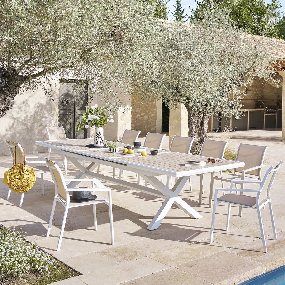 Table de jardin extensible "Axiome" en aluminium lin & blanc traité époxy 12 places