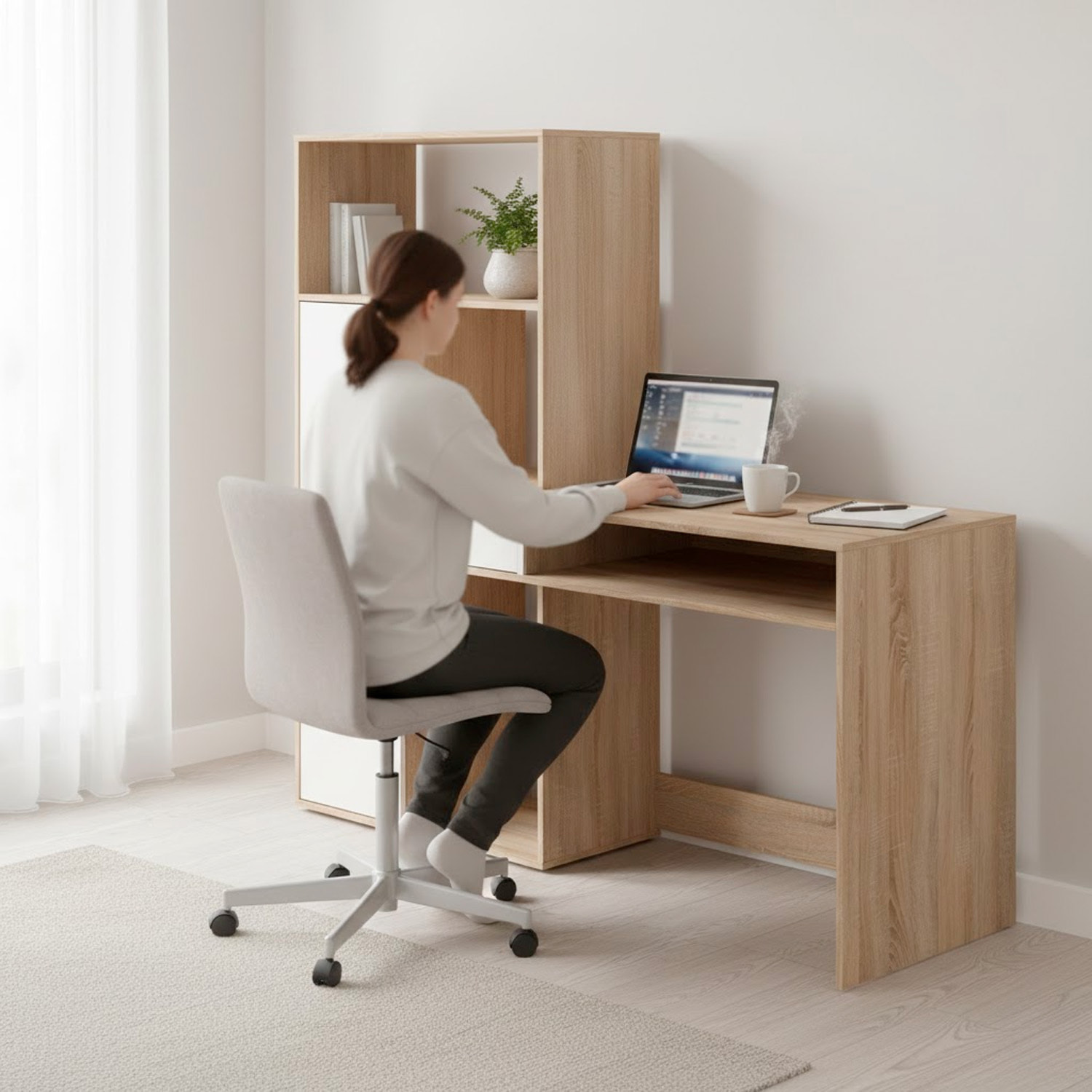 Scrivania Con Libreria Integrata Cassetto E Mobile con Ante Desk Multifunzionale Per Home Office E Studio 162.8 x 60.35 x 155.4 Cm Bianco e Rovere