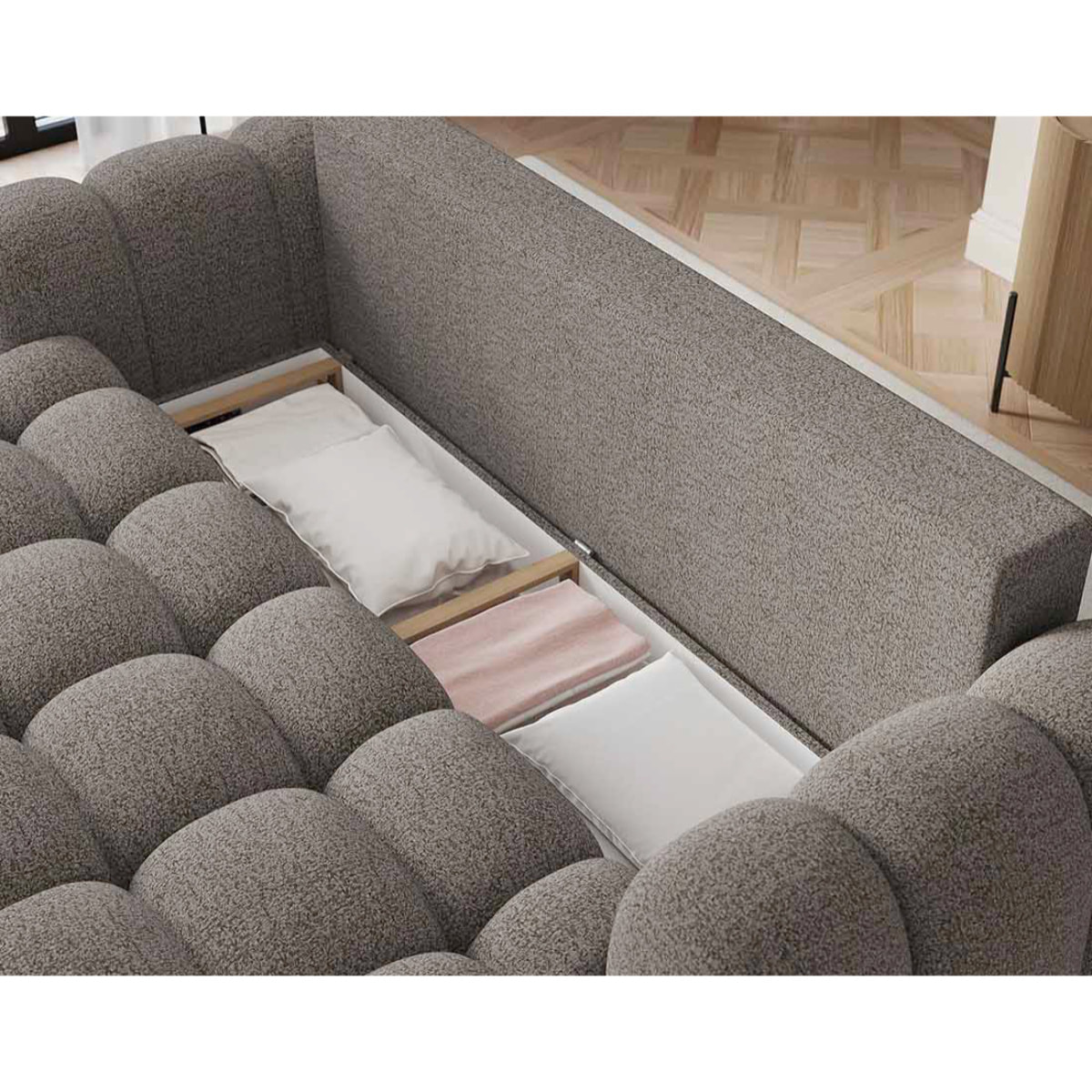 Dorian - Canapé droit 3 places convertible avec coffre en tissu bouclette - Taupe