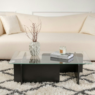 Table basse verre déstructurée – base effet bois noir SALTA