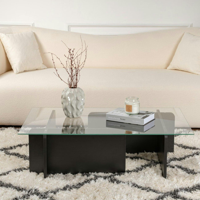 Table basse verre déstructurée – base effet bois noir SALTA