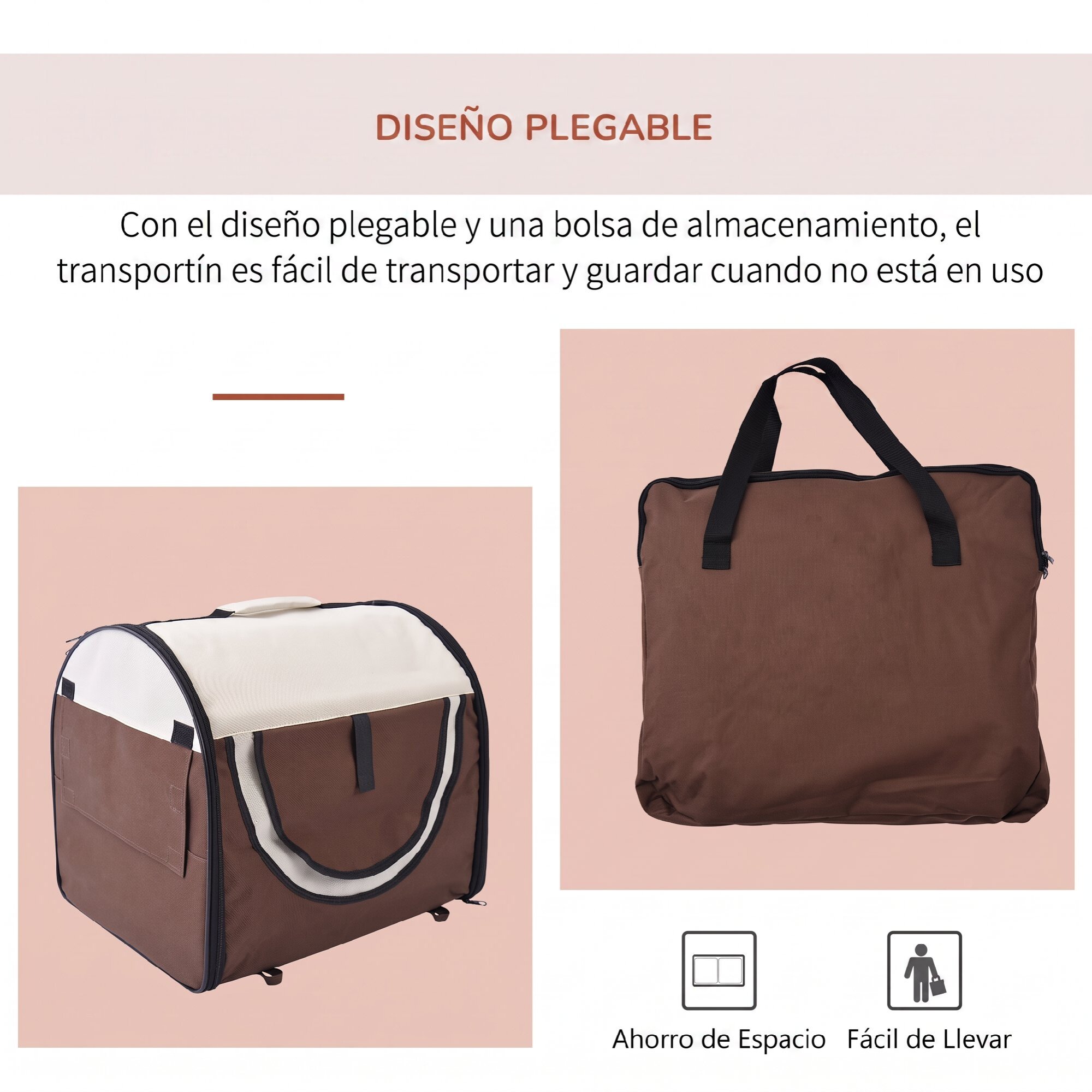 Transportín para Perros y Gatos Plegable, 46x36x41 cm, Transportín para Mascotas con Cojín Lavable, Ventanas de Malla, Estacas, para Perros Miniaturas, Marrón
