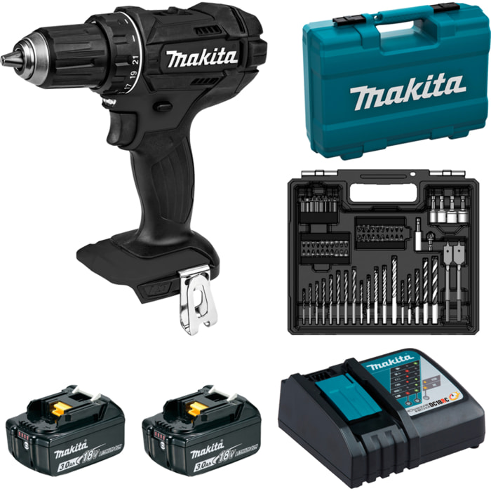 Perceuse-visseuse 18V Black - MAKITA - avec 2 batteries 3Ah + chargeur rapide + coffret avec accessoires - DDF482FX1B