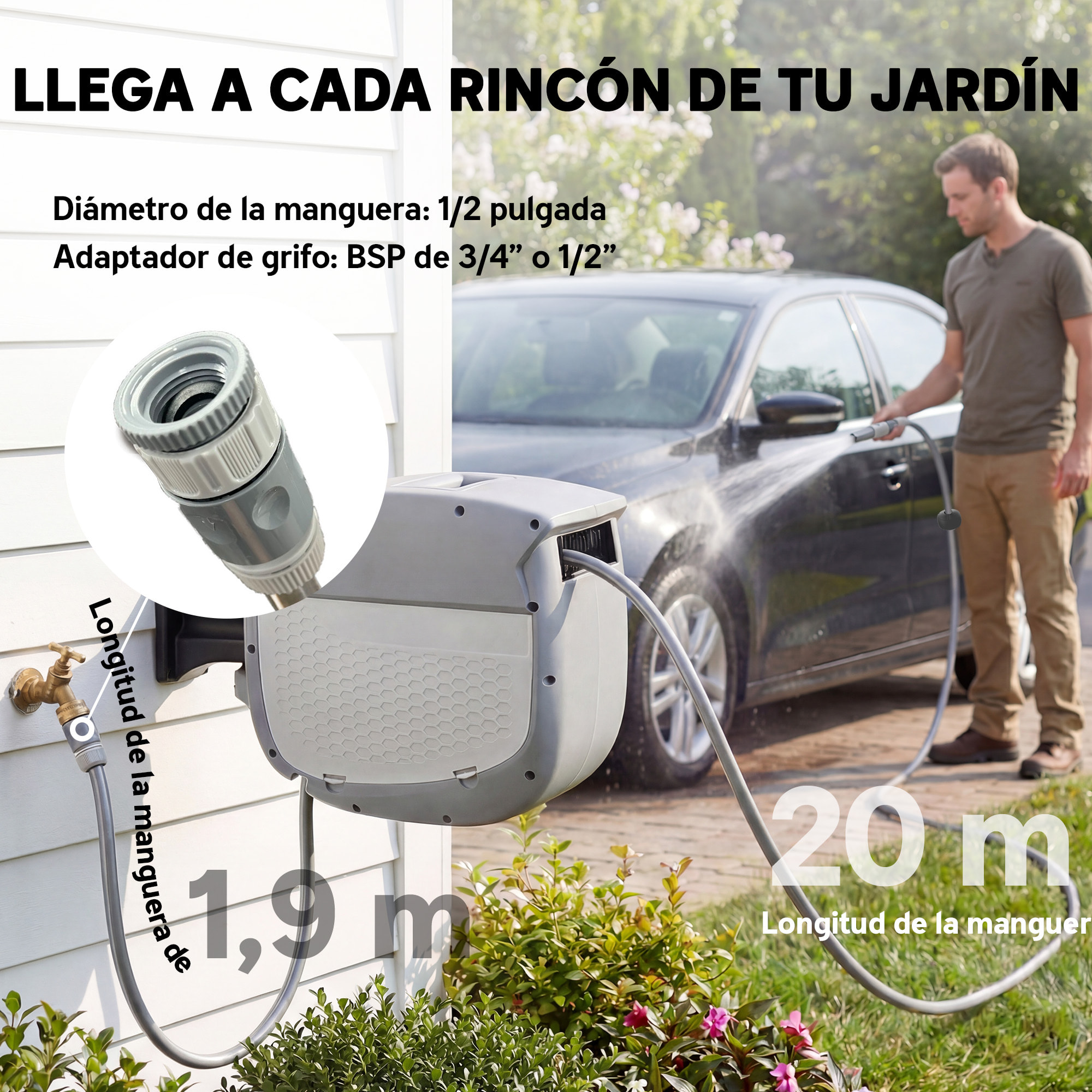 Enrollador de Manguera para Jardín 20+1,9 m con Boquilla de 2 Modos, Carrete de Manguera de Jardín de Pared con Bloqueo Automático y Retracción Controlada, Soporte Orientable 180°, Gris