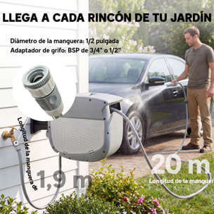 Enrollador de Manguera para Jardín 20+1,9 m con Boquilla de 2 Modos, Carrete de Manguera de Jardín de Pared con Bloqueo Automático y Retracción Controlada, Soporte Orientable 180°, Gris