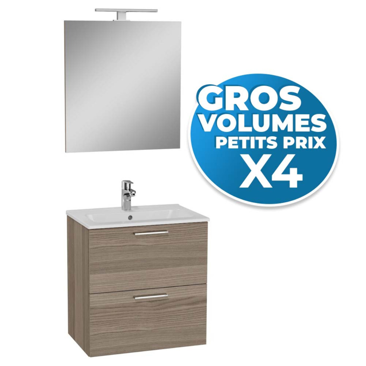 Lot de 4 meubles de salle de bain Mia 60 cm avec miroir, lavabo et éclairage LED, finition Cordoba (MIASET60C-GVP04)