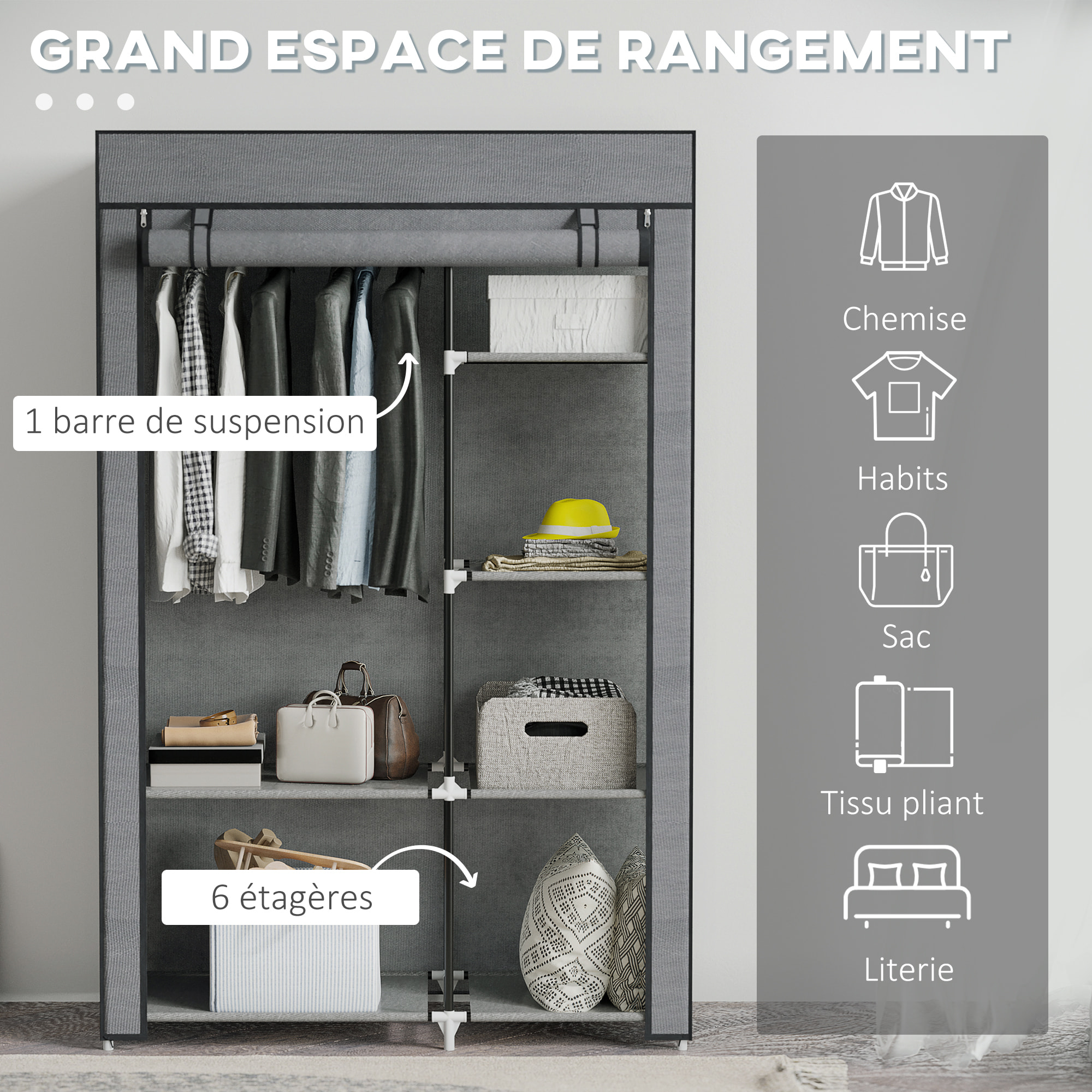 Armoire penderie multi-rangement - 6 étagères, 1 barre - dim. 103L x 43l x 162,5H cm - acier noir non tissé gris