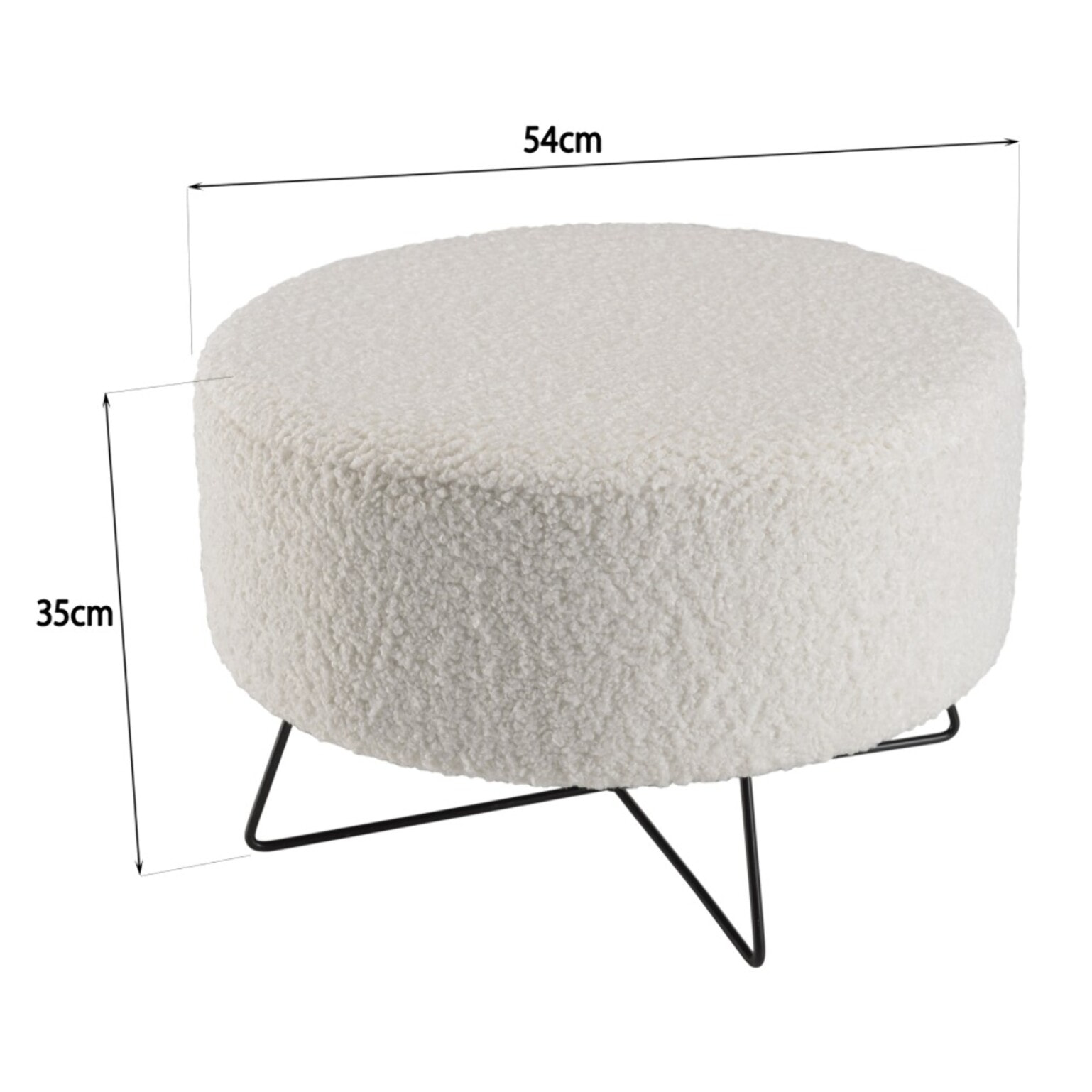 AGATHE - Pouf rond tissu bouclette blanc pieds croisés métal noir