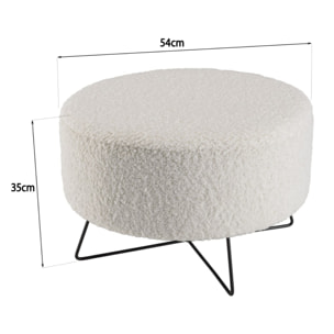 AGATHE - Pouf rond tissu bouclette blanc pieds croisés métal noir