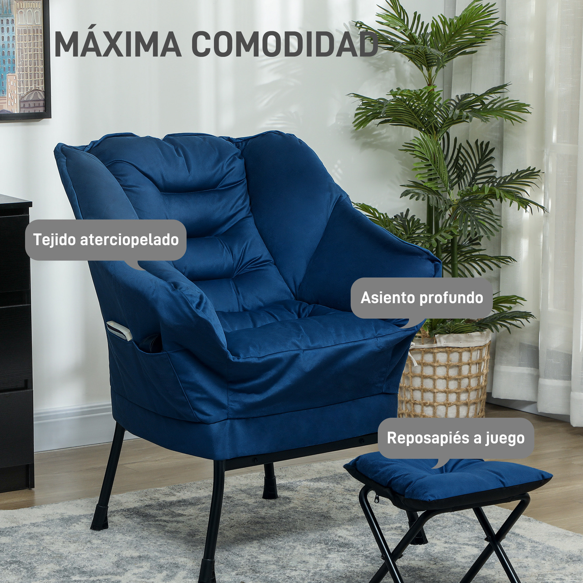Sillón de Salón con Reposapiés Sillón de Relax Butaca para Dormitorio con Bolsillos Laterales y Patas de Acero para Sala de Estar Azul Oscuro