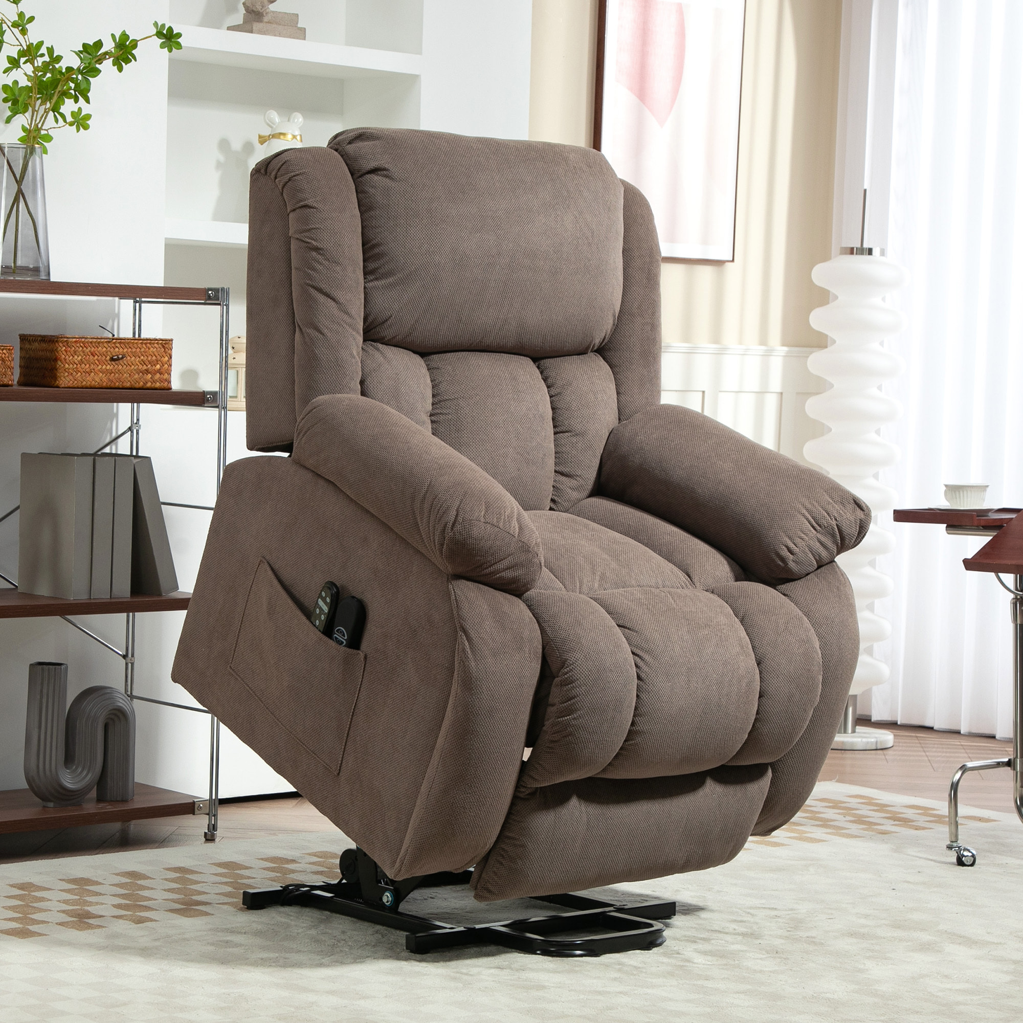 Fauteuil releveur massant chauffant grand confort - inclinable, repose-pieds rétractable - tissu toucher flanelle marron