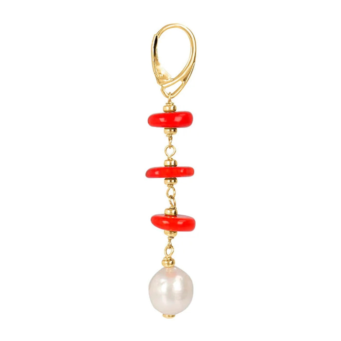 PERLAVIVA - Orecchini Pendenti in Argento 925 placcato Rodio con Corallo Bambù Rosso e Perle Ming Bianche d'Acqua Dolce Ø 11/12 mm