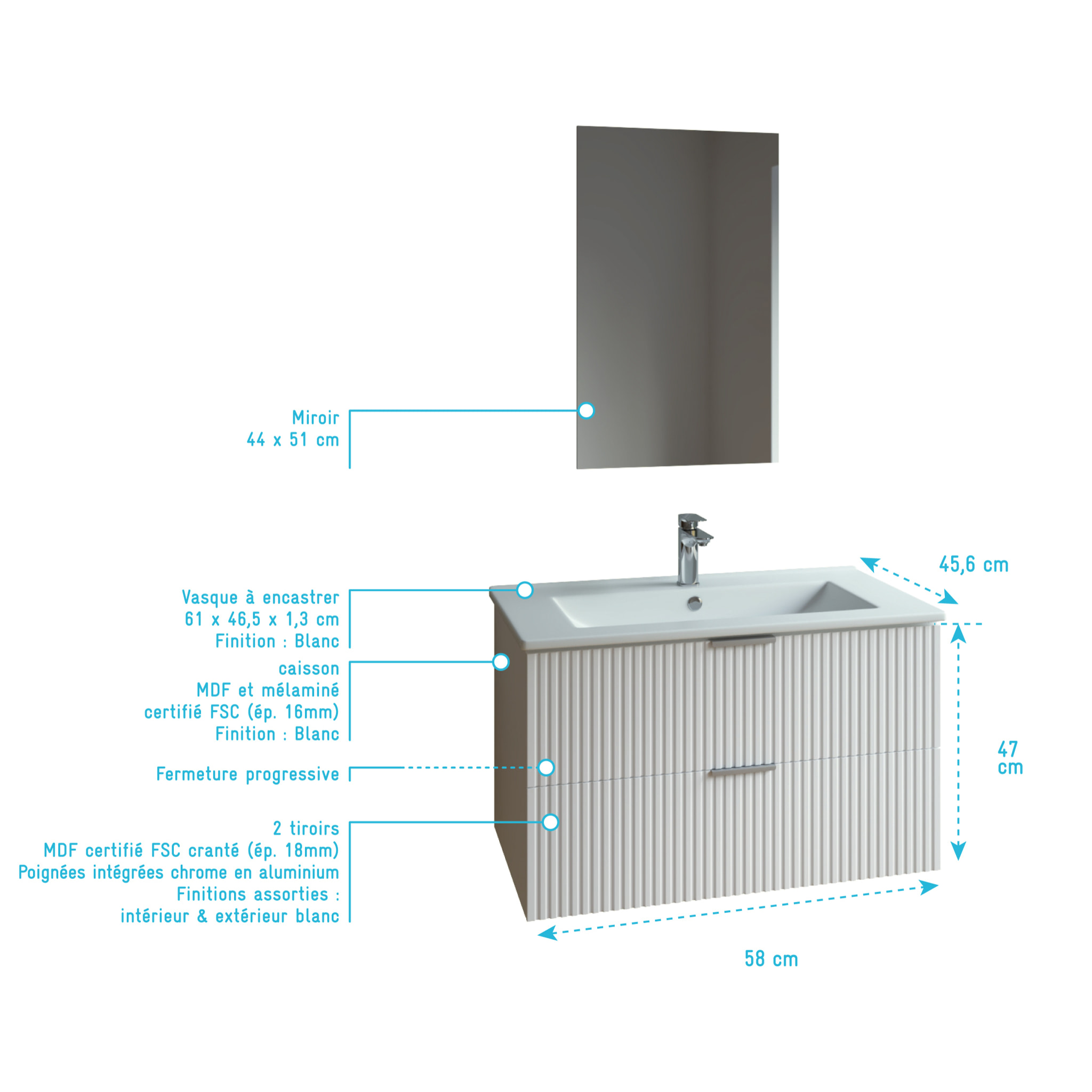 Meuble salle de bain simple vasque 60cm blanc MDF ondulé