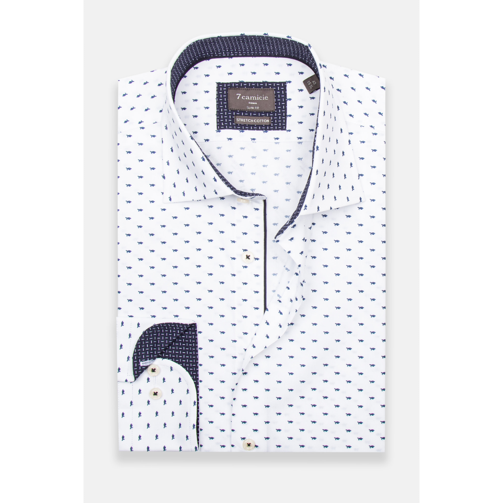 Camicia Uomo 1 Bottone Francese Slim Popeline Stretch Stampato Bianco e Blu