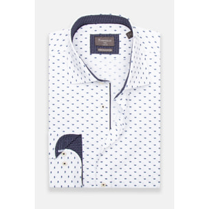 Camicia Uomo 1 Bottone Francese Slim Popeline Stretch Stampato Bianco e Blu