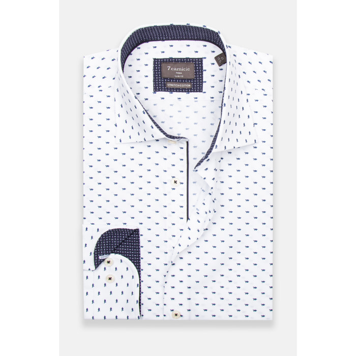 Camicia Uomo 1 Bottone Francese Slim Popeline Stretch Stampato Bianco e Blu