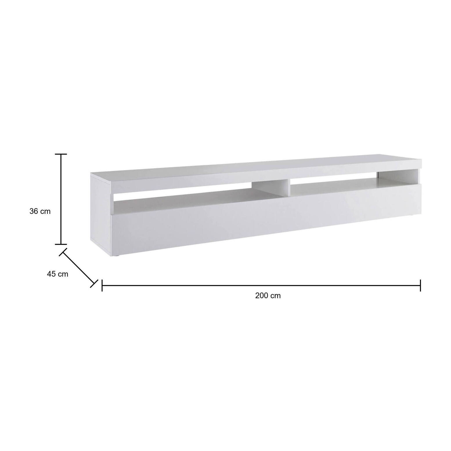 Mobile da soggiorno Porta TV, Made in Italy, Supporto per TV a 1 anta a ribalta e ripiani, cm 200x45h36, colore Bianco lucido