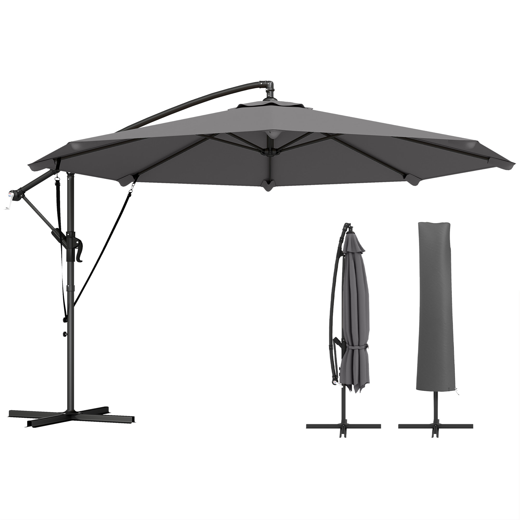 Parasol déporté inclinable 3 m à manivelle avec housse de protection gris