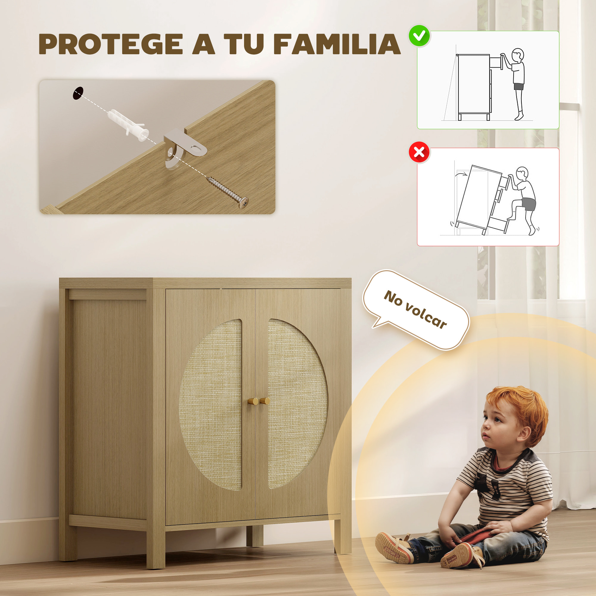 Aparador de Cocina con 2 Puertas de Ratán Sintético, Mueble Auxiliar de Cocina con Estante Ajustable y 2 Tiradores, Mueble de Buffet para Comedor, Salón, 75x38x77 cm, Madera Natural