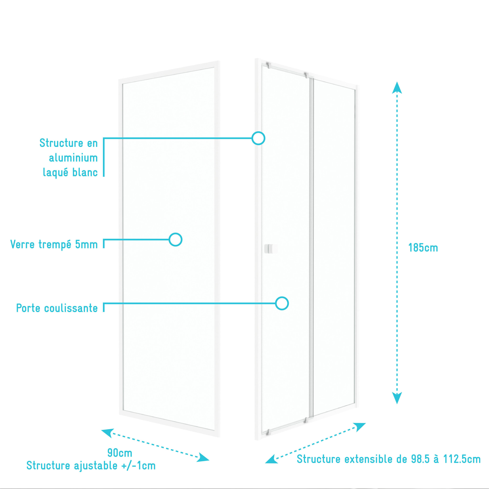 Pack porte de douche Coulissante blanc 100x185cm + retour 90 verre transparent 5mm - WHITY slide 100